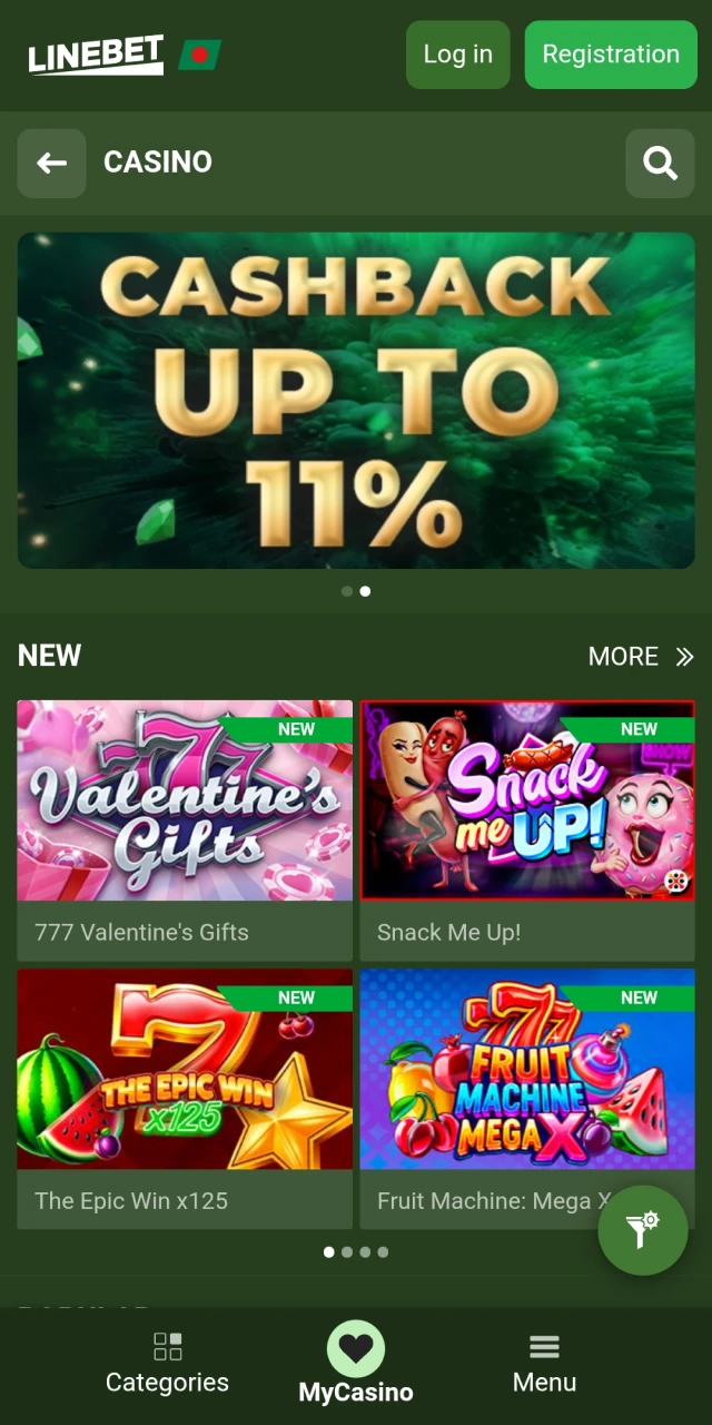 The Linebet app has a casino section.