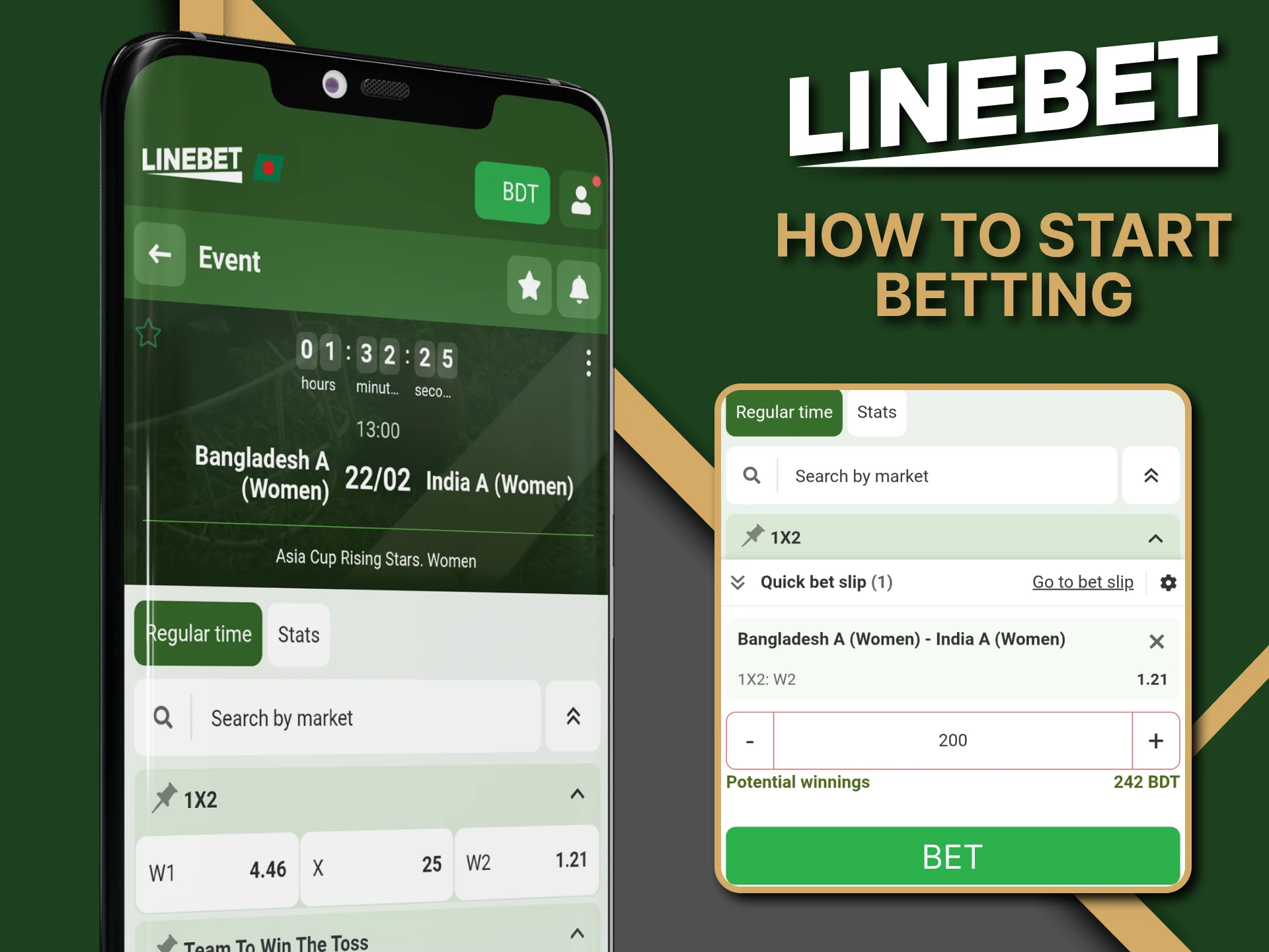 It only takes a couple of steps to place your first sports bet in the Linebet app.
