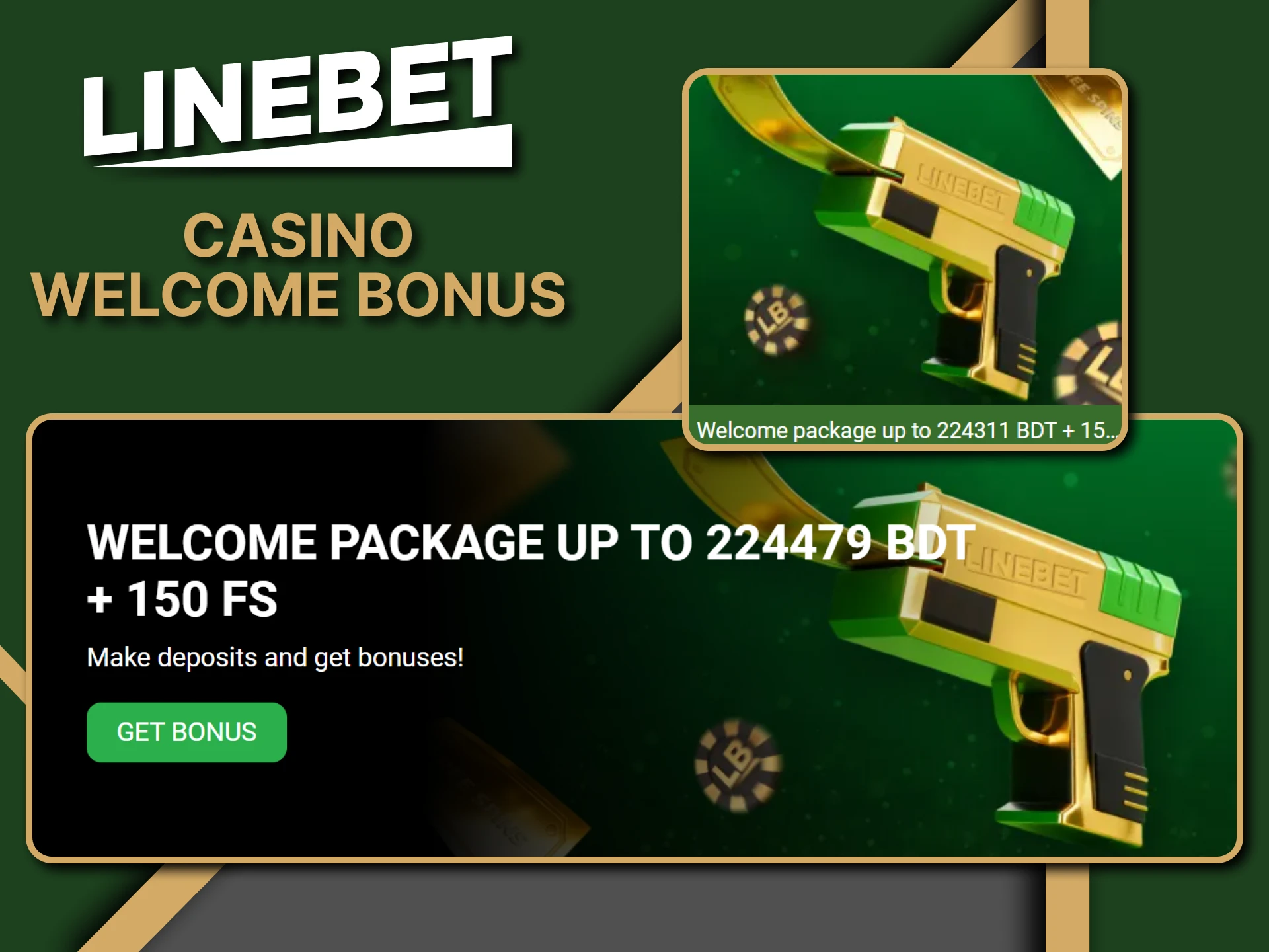 You can get a welcome bonus for casino games from Linebet.